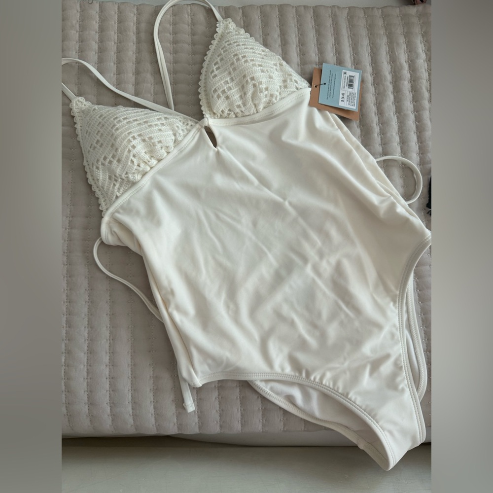 Shade & Shore Cream Crochet-Top One-Piece Swimsuit
